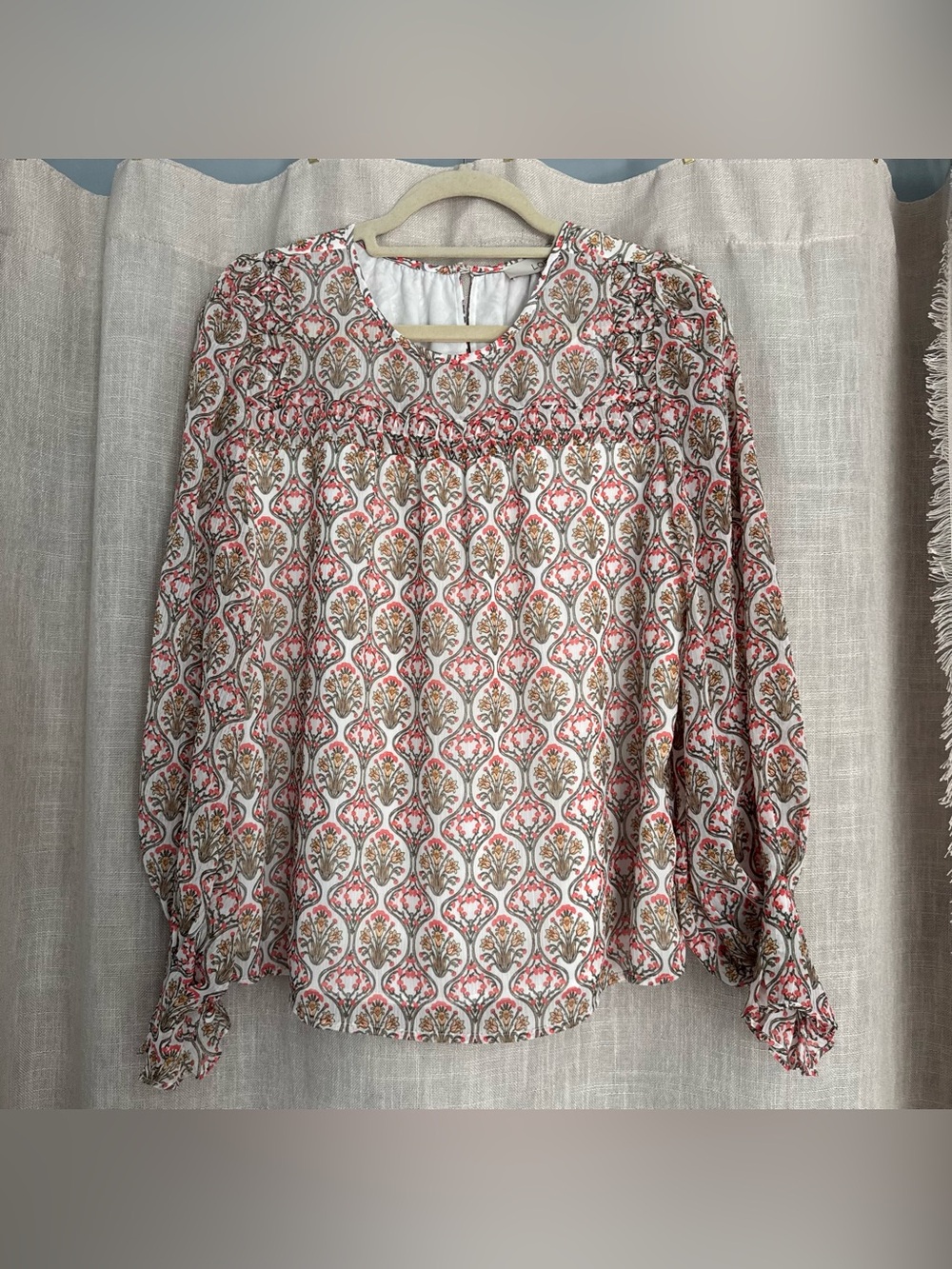 LOFT white pink and green floral long sleeve blouse